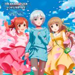  3girls :d anastasia_(idolmaster) bag black_choker blue_eyes blue_sky blue_sweater blurry blurry_background bow brown_eyes brown_hair brown_legwear cherry_blossoms choker clouds day disc_cover dress eyebrows_visible_through_hair floating_hair hair_between_eyes hair_bow hair_ribbon highres idolmaster idolmaster_cinderella_girls igarashi_kyouko index_finger_raised jewelry layered_skirt long_hair looking_at_viewer medium_skirt multiple_girls off-shoulder_sweater off_shoulder official_art open_mouth outdoors pantyhose pendant petals pinafore_dress pink_skirt pink_sweater red_bow ribbed_sweater ribbon shiny shiny_hair shirt short_hair side_ponytail silver_hair skirt sky sleeveless sleeveless_dress smile summer sweater sweater_dress very_long_hair yellow_dress yellow_ribbon yellow_shirt yorita_yoshino 