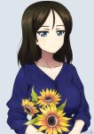  1girl artist_name bangs black_hair blue_eyes blue_shirt bukkuri casual closed_mouth commentary_request dated flower girls_und_panzer grey_background half-closed_eyes highres holding holding_flower light_smile long_hair long_sleeves looking_at_viewer nonna_(girls_und_panzer) partial_commentary shirt signature simple_background solo sunflower swept_bangs upper_body 