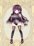  1girl bangs black_gloves black_legwear bow breasts dairoku_youhei elbow_gloves full_body gloves hair_bow large_breasts leotard long_hair looking_at_viewer open_mouth purple_hair shikito solo thigh-highs violet_eyes 