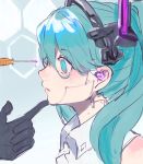  1girl android aqua_eyes aqua_hair bare_shoulders black_gloves cable commentary curious finger_to_another&#039;s_chin finger_to_chin gloves hatsune_miku headset heremia highres joints looking_at_another maintenance mechanical_parts pale_skin parted_lips profile robot_joints shirt sketch sleeveless sleeveless_shirt solo_focus syringe twintails vocaloid 
