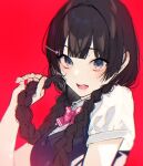  1girl black_hair blue_eyes blue_vest blush bow bowtie braid breasts collared_shirt commentary eyebrows_visible_through_hair eyelashes hair_ornament hairclip holding holding_hair kayahara long_hair looking_at_viewer medium_breasts nijisanji open_mouth pink_neckwear red_background school_uniform shirt short_sleeves side_braids simple_background smile solo symbol_commentary tsukino_mito twin_braids upper_body vest virtual_youtuber white_shirt 