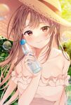  1girl bangs bare_shoulders blurry blurry_background blush bottle breasts brown_eyes brown_hair brown_headwear closed_mouth collarbone depth_of_field dress eyebrows_visible_through_hair frilled_dress frills hand_up hat holding holding_bottle long_hair looking_at_viewer medium_breasts nail_polish original pink_nails ramune reel_(riru) smile solo strapless strapless_dress sun_hat upper_body very_long_hair white_dress 