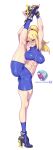  1girl abs biting blonde_hair blue_eyes crop_top high_heels highres kajin_(kajinman) leg_lift leg_up lip_biting long_hair metroid metroid_(creature) metroid_fusion midriff mole mole_under_mouth navel one_eye_closed samus_aran short_shorts shorts simple_background split standing standing_on_one_leg standing_split stomach super_smash_bros. 