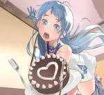  1girl bangs bare_shoulders blue_eyes blue_hair blue_legwear cake chocolate dish elbow_gloves eyebrows_visible_through_hair falling food fork gloves heart highres kantai_collection knife long_hair looking_at_viewer open_mouth samidare_(kantai_collection) shirt skirt solo thigh-highs tonkatsu_daisuki tripping valentine white_shirt white_skirt 