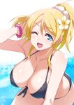  1girl ;d ayase_eli bikini black_bikini blonde_hair blue_eyes bracelet breasts collarbone commentary_request flower hair_flower hair_ornament highres inue_shinsuke jewelry large_breasts love_live! love_live!_school_idol_project one_eye_closed open_mouth ponytail short_hair smile solo swimsuit 