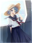  1girl :d blue_hair character_request hat highres long_skirt looking_at_viewer midriff ocean open_mouth power_pro_appli rb2 school_uniform serafuku short_hair skirt sky smile solo standing straw_hat 