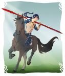  1boy abs animal bareback beads blue_hair bracelet crescent_necklace cu_chulainn_(fate)_(all) cu_chulainn_(fate/grand_order) detached_sleeves earrings fate/grand_order fate/stay_night fate_(series) gae_bolg hair_beads hair_ornament highres holding holding_weapon horse horseback_riding jewelry keyhof lancer long_hair muscle necklace outdoors pants polearm ponytail red_eyes riding shirtless skin_tight smile spear spiky_hair strap sunlight type-moon weapon 