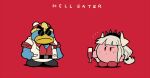 2others belt closed_mouth cup drinking_glass fusion hairband hal_laboratory_inc. halftone helltaker helltaker_(character) highres holding holding_cup horns hoshi_no_kirby jacket king_dedede kirby kirby_(series) lucifer_(helltaker) male mole mole_under_eye nintendo notice_lines pants parody penguin pink_puff_ball raised_eyebrow rariatto_(ganguri) red_background red_eyes red_footwear red_shirt shirt shoes simple_background sunglasses title_parody white_hair white_jacket white_pants wine_glass 
