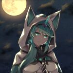  1girl animal_hood bangs breasts earrings full_moon gloves green_eyes green_hair hood jewelry large_breasts long_hair long_ponytail moon night night_sky pneuma_(xenoblade) ponytail sarasadou_dan sky solo swept_bangs tiara upper_body xenoblade_chronicles_(series) xenoblade_chronicles_2 