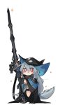 1girl arknights black_gloves blush breast_press breasts chibi closed_mouth eyebrows_visible_through_hair gloves grey_hair hair_between_eyes hat holding holding_weapon long_hair looking_away mikojin red_eyes simple_background skadi_(arknights) weapon white_background 