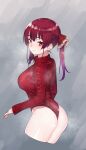  1girl absurdres ass bangs blush breasts hair_ribbon heterochromia highleg highres hololive houshou_marine large_breasts long_hair looking_at_viewer oshiruko_(oshiruco_212048) red_eyes red_ribbon red_sweater redhead ribbon smile solo sweater twintails yellow_eyes 