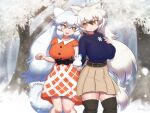 2girls alternate_costume animal_ears arctic_fox_(kemono_friends) arctic_wolf_(kemono_friends) belt blue_sweater boots breasts brown_hair dress fox_ears fox_girl fox_tail highres holding_snowman kemono_friends large_breasts long_hair miniskirt mo23 multicolored_hair multiple_girls orange_dress orange_eyes ribbed_sweater sash skirt smile streaked_hair sweater tail thigh_boots thighhighs tree turtleneck turtleneck_sweater very_long_hair white_hair winter wolf_ears wolf_girl wolf_tail yellow_eyes zettai_ryouiki