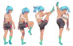  1girl absurdres ass back bike_shorts blue_hair blue_legwear breasts commentary_request dark_skin fang highres long_hair midriff navel neyuki_rei open_mouth original simple_background socks split sports_bra standing standing_on_one_leg standing_split sweat tan tanline twintails white_background yellow_eyes 