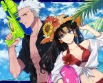  1boy 1girl abs alternate_costume archer bikini black_hair black_shirt blue_eyes blue_sky brown_eyes brown_headwear collarbone dark_skin day earrings fate/stay_night fate_(series) flower frilled_bikini frills hand_on_headwear hat hat_flower holding holding_water_gun innertube jewelry long_hair muscle navel ocean outdoors shimatori_(sanyyyy) shirt sky straw_hat sun_hat swimsuit tohsaka_rin two_side_up unbuttoned unbuttoned_shirt water_gun white_hair 