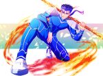  1boy armor blue_hair bodysuit cu_chulainn_(fate)_(all) earrings fate/stay_night fate_(series) fire flaming_weapon full_body gae_bolg grin highres holding holding_weapon jewelry kiriko_(onigiri21) lancer long_hair looking_at_viewer male_focus one_knee pauldrons polearm ponytail red_eyes shoulder_armor skin_tight smile solo spear spiky_hair type-moon weapon 