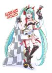  1girl ahoge aqua_eyes aqua_hair black_gloves cable character_name checkered checkered_flag commentary dress fingerless_gloves flag full_body gloves goodsmile_racing gun hair_ornament hands_up hatsune_miku headphones holding holding_flag holding_gun holding_weapon holding_wrench impact_wrench leg_armor long_hair looking_at_viewer mayo_riyo open_mouth pouch racing_miku racing_miku_(2020) see-through sleeveless sleeveless_dress smile smiley_face standing strapless strapless_dress thigh-highs twintails very_long_hair vocaloid weapon white_background white_dress wrench zettai_ryouiki 