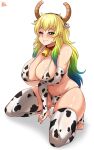  1girl animal_costume animal_ears animal_print arm_under_breasts artist_name bare_shoulders bell bikini blood blue_hair blush breasts closed_mouth collar cow_bell cow_costume cow_ears cow_print dragon_girl dragon_horns elbow_gloves fake_animal_ears fingerless_gloves gloves gradient_hair green_eyes green_hair highres horns huge_breasts jewelry jmg kobayashi-san_chi_no_maidragon long_hair looking_at_viewer multicolored_hair navel one_eye_closed quetzalcoatl_(maidragon) ring smile solo squatting swimsuit thigh-highs toes white_background yellow_pupils 