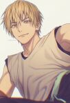  1boy bangs black_pants blurry brown_eyes brown_hair closed_mouth commentary_request depth_of_field grey_background grey_shirt hair_between_eyes jewelry kise_ryouta kuroko_no_basuke looking_at_viewer male_focus mashima_shima pants shirt short_hair simple_background single_earring sitting sleeveless sleeveless_shirt smile solo twitter_username upper_body 