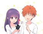  1boy 1girl bangs blush cute emiya-san_chi_no_kyou_no_gohan emiya_shirou eyebrows_visible_through_hair fate/stay_night fate_(series) hair_ribbon heaven&#039;s_feel long_hair long_sleeves matou_sakura orange_hair purple_hair red_ribbon ribbon shirt short_hair smile toy-black type-moon ufotable violet_eyes white_shirt 