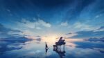  blue_sky bow_(instrument) clouds highres instrument no_humans original piano piano_bench reflection scenery sky sunrise violin water zeniyan 