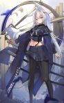  1girl absurdres alternate_breast_size alternate_costume animal_ear_fluff animal_ears azur_lane black_legwear blue_eyes blue_skirt character_name eyebrows_visible_through_hair feet_out_of_frame highres ka11_ca long_hair looking_at_viewer midriff moon_phases multiple_swords multiple_tails pantyhose pleated_skirt sheath sheathed shinano_(azur_lane) skirt solo tail very_long_hair white_hair white_tail 