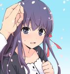  1girl bangs blue_background blue_eyes cherry_blossoms collarbone eyebrows_visible_through_hair fate/stay_night fate_(series) floating_hair hair_between_eyes hair_ribbon long_hair looking_at_viewer matou_sakura open_mouth purple_hair red_ribbon ribbon shiny shiny_hair sweatdrop toy-black 