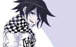  1boy bangs black_hair chain checkered checkered_neckwear checkered_scarf crying dangan_ronpa eyebrows_visible_through_hair jingle_(mhb729) male_focus new_dangan_ronpa_v3 ouma_kokichi scarf simple_background solo straitjacket tears two-tone_background upper_body violet_eyes 