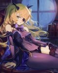  1girl asymmetrical_clothes bare_shoulders black_dress blonde_hair breasts dress eyepatch fischl_(genshin_impact) genshin_impact gloves long_hair long_sleeves looking_at_viewer optionaltypo pantyhose ribbon single_leg_pantyhose single_thighhigh sitting thigh-highs twintails 