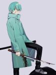  1boy aqua_eyes aqua_hair bangs black_pants blood blood_on_face bloody_clothes blue_coat closed_mouth coat grey_background highres holding holding_sword holding_weapon katana long_sleeves male_focus original pants shoes simple_background sneakers solo sword weapon white_footwear xxxsoiu1 