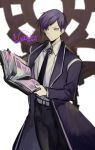  1boy black_pants book collared_shirt gears highres holding holding_book library_of_ruina long_sleeves male_focus nishikujic pants project_moon purple_hair shirt simple_background solo standing white_background white_shirt yellow_eyes yesod_(project_moon) 