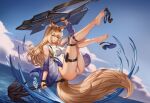  1girl absurdres animal_ear_fluff animal_ears arknights bare_legs barefoot blonde_hair blue_sky breasts clouds commentary_request day god_hunter head_tilt highres holding holding_shield holding_weapon holster knee_pads legs_up long_hair long_sleeves medium_breasts nearl_(arknights) one-piece_swimsuit outdoors shield sky solo swimsuit tail thigh_holster thigh_strap thighs weapon white_swimsuit yellow_eyes 