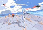  1girl ayanami_rei bangs blue_eyes blue_hair bodysuit breasts clouds fighting_stance gloves holding holding_weapon katana mecha medium_breasts mountain neon_genesis_evangelion ocean outdoors pilot_suit plugsuit red_eyes scenery short_hair sky solo sword washu_junkyu weapon 