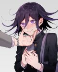  1boy 1other ahoge bangs black_hair black_jacket blush closed_mouth dangan_ronpa gradient gradient_background grey_background hair_between_eyes hand_on_another&#039;s_chin hand_on_another&#039;s_face hands_up highres holding holding_phone jacket jewelry long_sleeves looking_at_viewer male_focus messy_hair nanin new_dangan_ronpa_v3 ouma_kokichi out_of_frame phone purple_hair shirt short_hair simple_background smile solo_focus sweat upper_body violet_eyes watch watch 