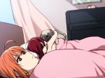  2girls 500_dollar_four_foot_tall_mareep ahoge bed bedroom character_doll curtains day dog highres hug indoors instrument kougi_hiroshi long_hair love_live! love_live!_sunshine!! meme multiple_girls nesoberi orange_hair piano red_eyes redhead sakurauchi_riko short_hair sunlight takami_chika unamused under_covers yuri 