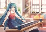  1girl aqua_eyes aqua_hair belt blue_skirt blurry blurry_background blurry_foreground blush book_stack bracelet brick_wall commentary computer couch cushion eighth_note hair_ornament hatsune_miku headphones indoors instrument jewelry keyboard_(instrument) laptop long_hair looking_at_viewer musical_note musical_note_necklace necomi plant poster_(object) potted_plant rainbow shirt short_sleeves sitting skirt smile solo speaker sunlight table twintails very_long_hair vocaloid white_shirt window 