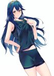  1girl ameno_(a_meno0) bare_arms bare_legs blue_eyes blue_hair fire_emblem fire_emblem_awakening heavy_breathing highres long_hair looking_at_viewer lucina lucina_(fire_emblem) midriff midriff_peek shorts simple_background smile solo steam sweat symbol-shaped_pupils tank_top tiara white_background 