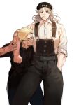  1boy 1girl airpro033 alternate_costume arm_around_shoulder black_headwear black_pants blush bow bowtie couple dorohedoro earrings formal glasses hand_in_pocket height_difference hetero highres jewelry long_hair muscle noi_(dorohedoro) overalls pants red_eyes shin_(dorohedoro) shirt short_hair stitches striped striped_shirt suit white_background white_hair white_shirt 