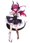 1girl absurdres armpits black_shirt black_skirt blue_eyes blush boots breasts detached_sleeves dragon_girl dragon_horns elizabeth_bathory_(fate) elizabeth_bathory_(fate)_(all) fang fate/grand_order fate_(series) full_body hand_on_hip hand_to_own_mouth high_heels highres horns knee_boots long_hair open_mouth redhead revealing_clothes ribbon shirt simple_background skirt small_breasts smile solo tail tor_ai white_background white_footwear white_sleeves