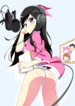  1girl ass back black_hair blue_eyes blush fundoshi hair_ribbon headphones highres japanese_clothes kakurenbo_futari_dake_no_himitsu_no_jikan long_hair microphone ribbon solo tanabe_kyou 