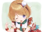  1girl bangs brown_hair eichisu eyebrows_visible_through_hair green_background green_neckwear hair_ornament hat heart jewelry koizumi_hanayo looking_at_viewer love_live! love_live!_school_idol_project mini_hat one_eye_closed open_mouth puffy_short_sleeves puffy_sleeves short_hair short_sleeves smile solo two-tone_background violet_eyes white_background wrist_cuffs 
