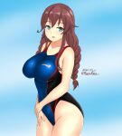  1girl black_swimsuit blue_sky blue_swimsuit braid breasts brown_hair clouds cloudy_sky collarbone competition_swimsuit cowboy_shot dated green_eyes kantai_collection large_breasts looking_at_viewer montemasa noshiro_(kantai_collection) one-piece_swimsuit open_mouth outdoors sky smile solo swimsuit twin_braids twitter_username 
