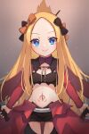  1girl abigail_williams_(fate/grand_order) bangs blonde_hair blue_eyes blush bow breasts chloe_von_einzbern chloe_von_einzbern_(cosplay) closed_mouth cosplay dual_wielding fate/grand_order fate/kaleid_liner_prisma_illya fate_(series) forehead half_updo highres holding long_hair long_sleeves looking_at_viewer miya_(miyaruta) multiple_bows navel orange_bow parted_bangs small_breasts smile stomach_tattoo sword tattoo thighs weapon 