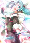  1girl akino_coto aqua_eyes aqua_hair bangs cowboy_shot hatsune_miku headset highres holding_hands long_hair looking_at_viewer necktie open_mouth pov profile solo_focus twintails vocaloid 