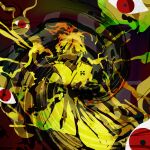  1other abstract_background bangs commentary electricity eyeball highly_responsive_to_prayers highres japanese_clothes kaigen_1025 kimono looking_at_viewer ponytail red_eyes silhouette solo touhou touhou_(pc-98) transparent trigram yellow_theme yuugenmagan 