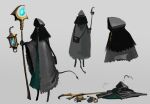  1other bag black_bag black_cloak cain_(gunnermul) chain cloak death fire gradient gradient_background green_fire grey_background highres holding holding_staff hood hood_up lantern long_sleeves mage original shaded_face smoke staff standing torn torn_clothes wide_sleeves 