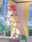  1girl beanie blonde_hair closed_mouth clouds commentary_request curtains day desk gen_7_pokemon globe green_shorts grey_eyes hat hatted_pokemon indoors on_head pokemon pokemon_(creature) pokemon_(game) pokemon_on_head pokemon_sm reading red_headwear rowlet rupinesu selene_(pokemon) shirt short_shorts short_sleeves shorts sky smile starter_pokemon tied_shirt window 