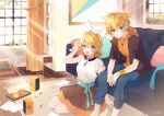  1boy 1girl bangs bass_clef black_shirt black_skirt blonde_hair blue_eyes blue_pants blush bow bracelet candy commentary couch crypton_future_media cup curtains cushion food grin hair_bow hair_ornament hairclip headphones hood hoodie indoors jewelry kagamine_len kagamine_rin looking_at_viewer miniskirt musical_note_necklace necomi official_art open_mouth orange_hoodie painting_(object) pants paper plant potted_plant rug seiza shirt short_hair short_ponytail short_sleeves sitting skirt smile speaker spiky_hair sunlight swept_bangs treble_clef vocaloid white_bow white_shirt window wooden_floor wristband 