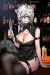  1girl animal_ears arknights arm_strap arm_support bare_arms bare_shoulders black_dress breasts china_dress chinese_clothes commentary_request crossed_legs cup dress genderswap genderswap_(mtf) grey_eyes highres holding holding_cup large_breasts leopard_ears leopard_tail long_hair looking_at_viewer scar silver_hair silverash_(arknights) sitting sleeveless sleeveless_dress smile solo tail thigh-highs thigh_strap thighs yavalley 