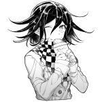  1boy bangs checkered checkered_neckwear checkered_scarf dangan_ronpa eating food food_on_face food_request greyscale hair_between_eyes highres holding holding_food long_sleeves looking_at_viewer male_focus monochrome nanin new_dangan_ronpa_v3 one_eye_closed ouma_kokichi scarf short_hair solo upper_body 
