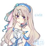  1girl artist_request blonde_hair blush civia dress hololive hololive_china horns jewelry long_hair looking_at_viewer necklace simple_background single_horn solo star_(symbol) star_necklace unicorn very_long_hair violet_eyes virtual_youtuber 